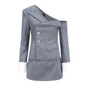 Nana Jacqueline Grey Asymmetric One-Shoulder Blazer Dress with White Cuffs